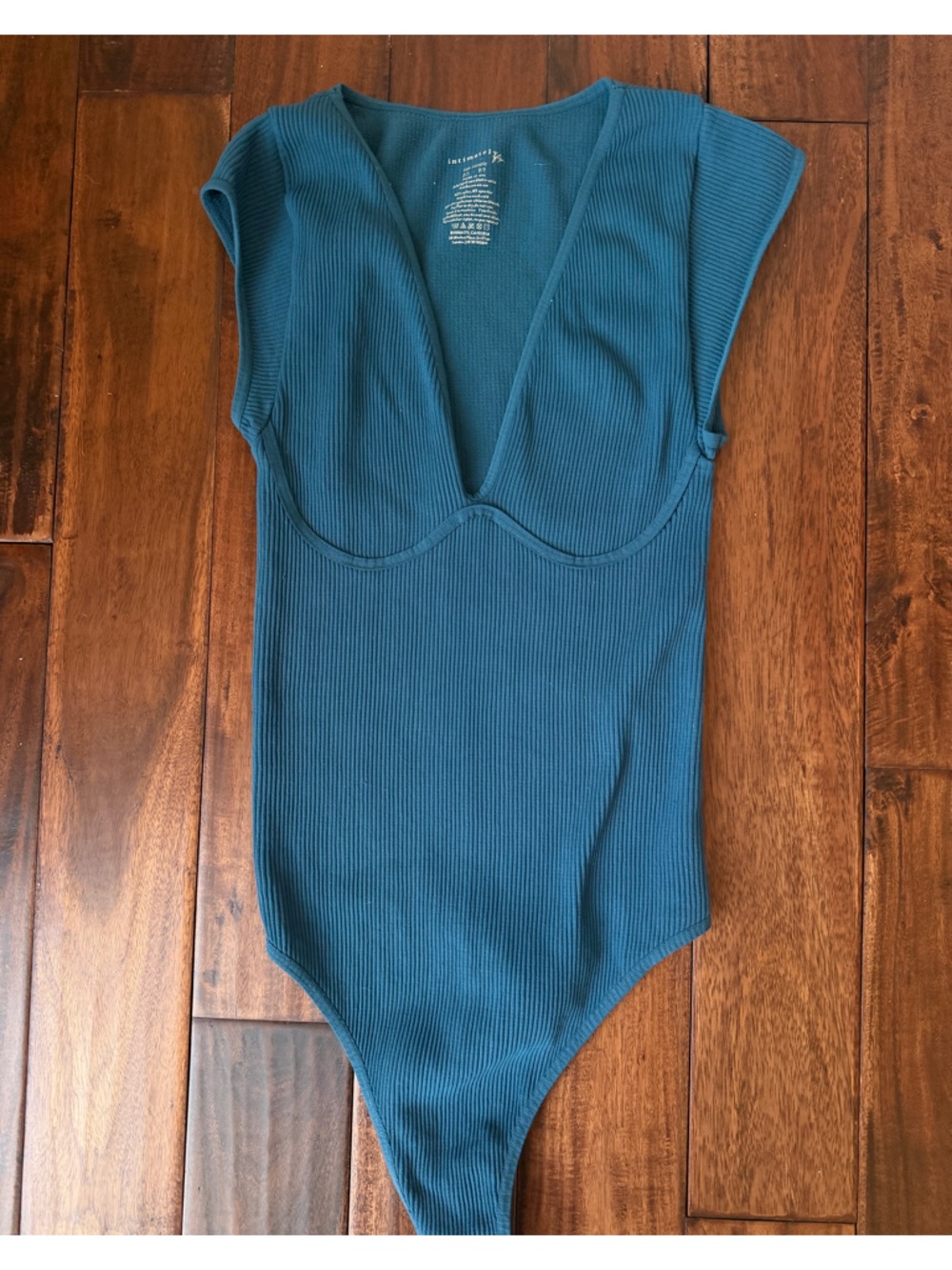 Free People Blue Deep V-Neck Bodysuit